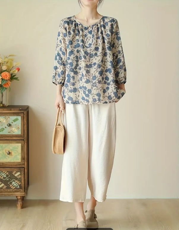 Willow Mist Floral Peasant Top